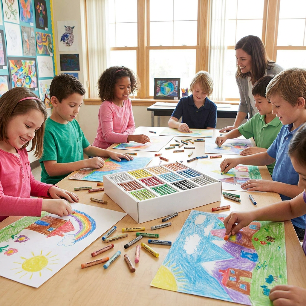 A photograph of a classroom art session with children and a teacher using the Pentel Arts Oil Pastels 432-piece classroom size pack. The large white box is open on the table, surrounded by children drawing with the pastels and their finished art. Natural light from a window illuminates the scene.