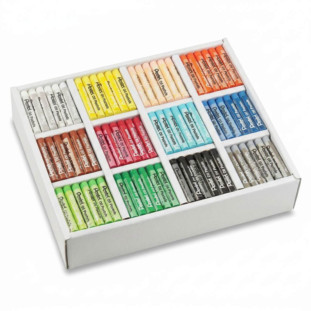 A photorealistic studio photograph of the open white cardboard tray containing the 432-piece Pentel Arts Oil Pastels Classroom Size Pack. The tray is angled to show the full array of colored pastels on a pure white background with a soft natural shadow.