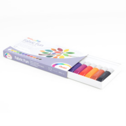 Fabric Fun 12-color fabric paint set in a white sliding box with a colorful tree design.