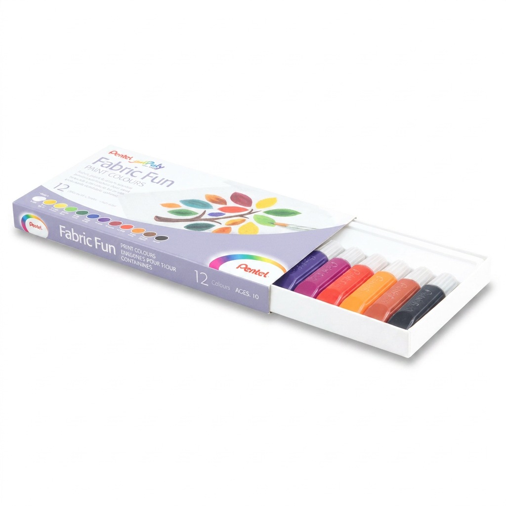 A photorealistic studio product image of the Pentel Fabric Fun - Fabric Paint 12 Colour Tube Set, angled left on a pure white background with a soft natural shadow.