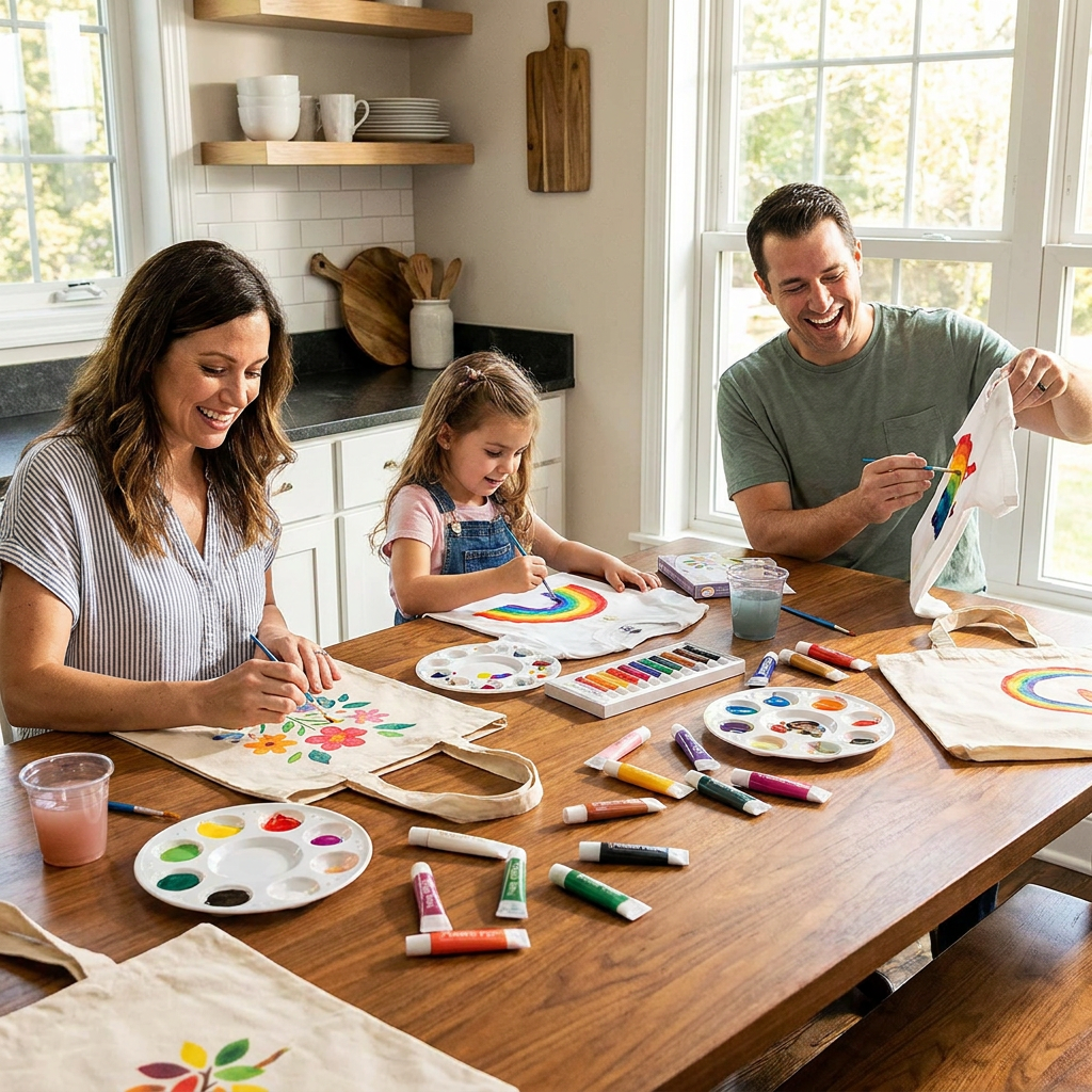 A family happily paints tote bags and shirts at a sunlit wooden table using the Pentel Fabric Fun - Fabric Paint 12 Colour Tube Set.