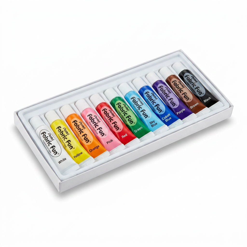 A high-resolution studio photograph of the Pentel Fabric Fun 12-color fabric paint tube set, resting in its white tray and angled neatly on a white background with a soft shadow.
