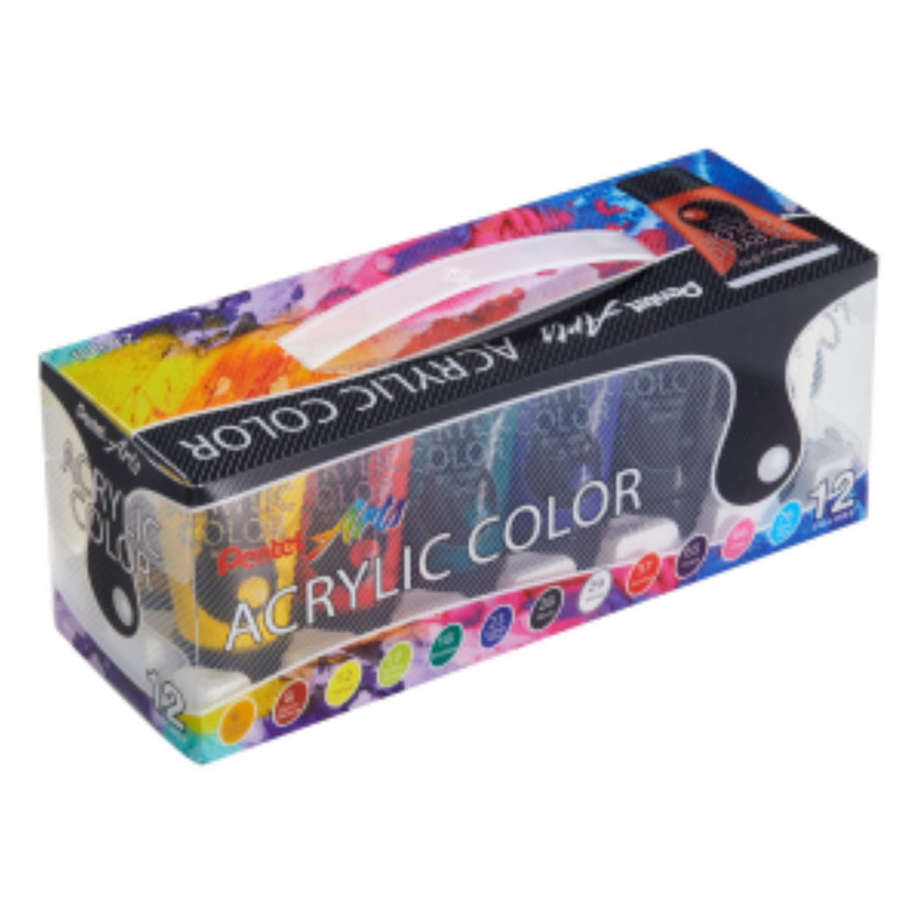 Pentel Arts 12-color acrylic paint set in a clear box with a carrying handle.