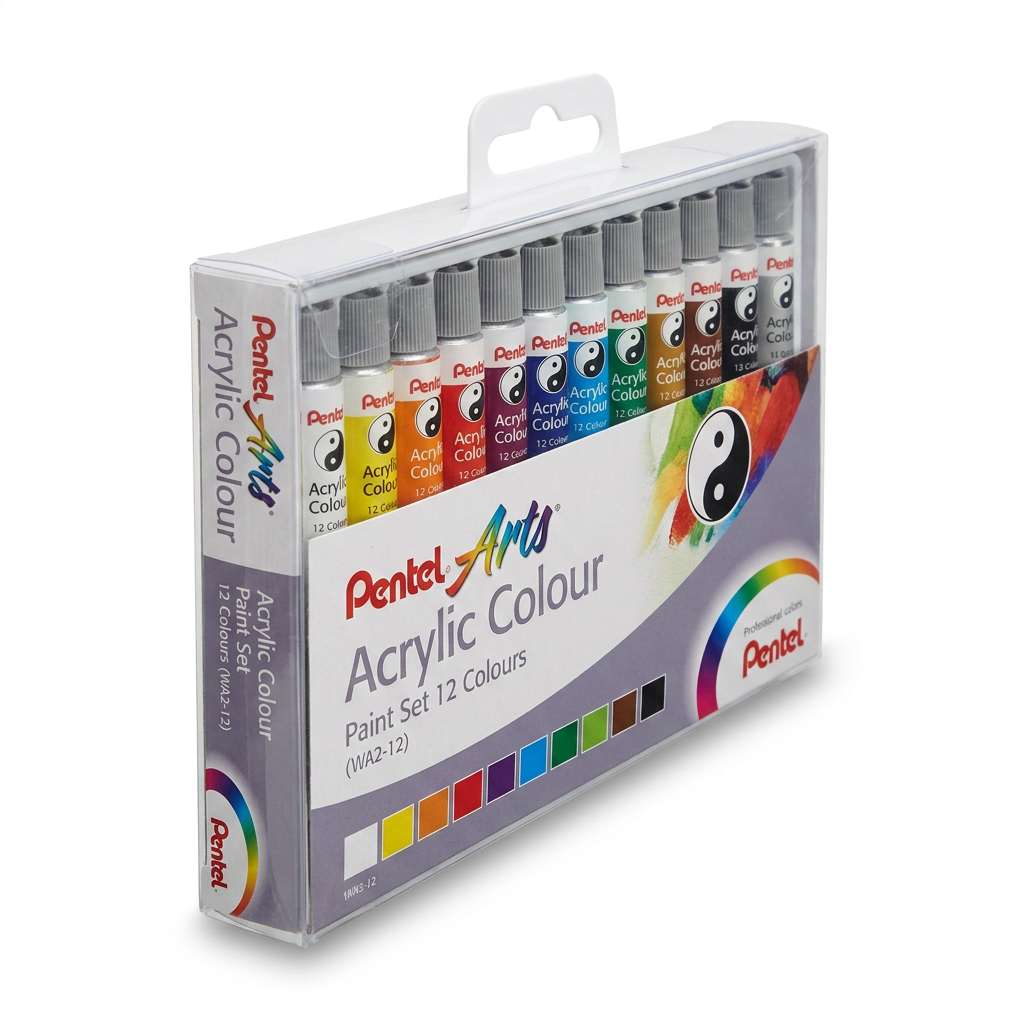 A photorealistic studio photo of the Pentel Arts Acrylic Colour Paint Set 12 Colours box, angled from the left on a white background with soft shadow.