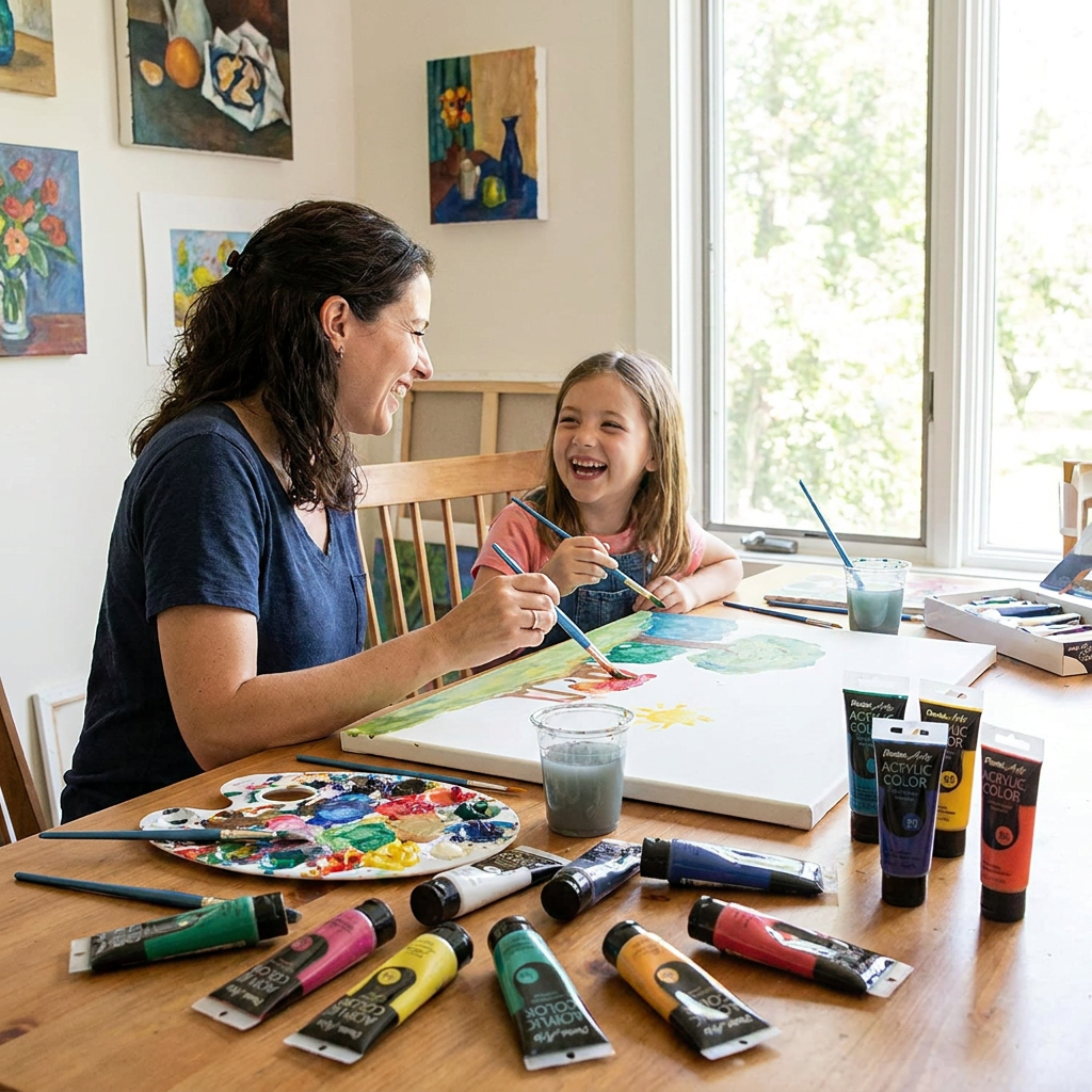 A mother and daughter joyfully painting together at a table with Pentel Arts Acrylic Colour tubes, brushes, and a canvas.
