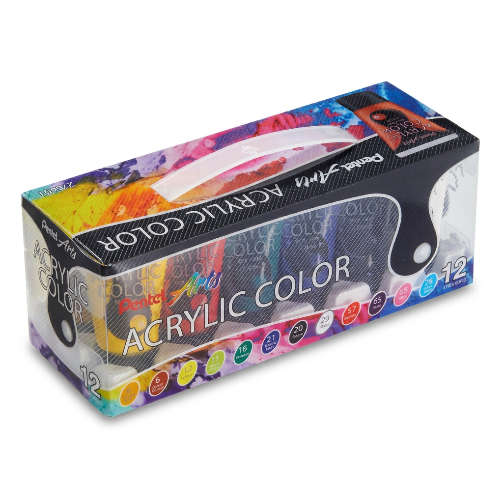 A photorealistic studio photograph of the Pentel Arts Acrylic Colour Set 12 Colours box, angled to the right on a white background with a soft shadow.
