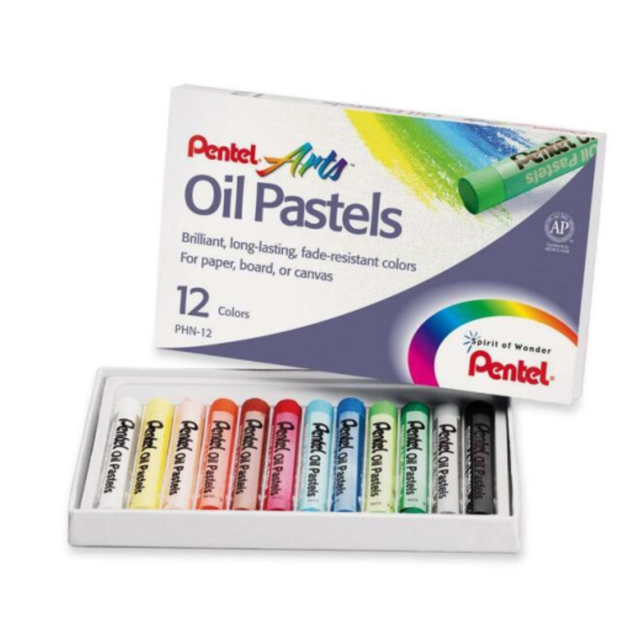 Pentel Arts 12-color non-toxic oil pastels set in a white box with individual sticks displayed.