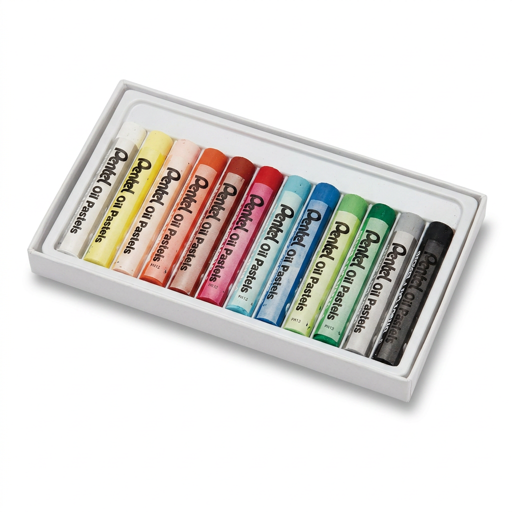 A photorealistic studio product photo of the Pentel Arts Oil Pastels 12-color set in its white plastic tray, angled left on a white background with a natural shadow.
