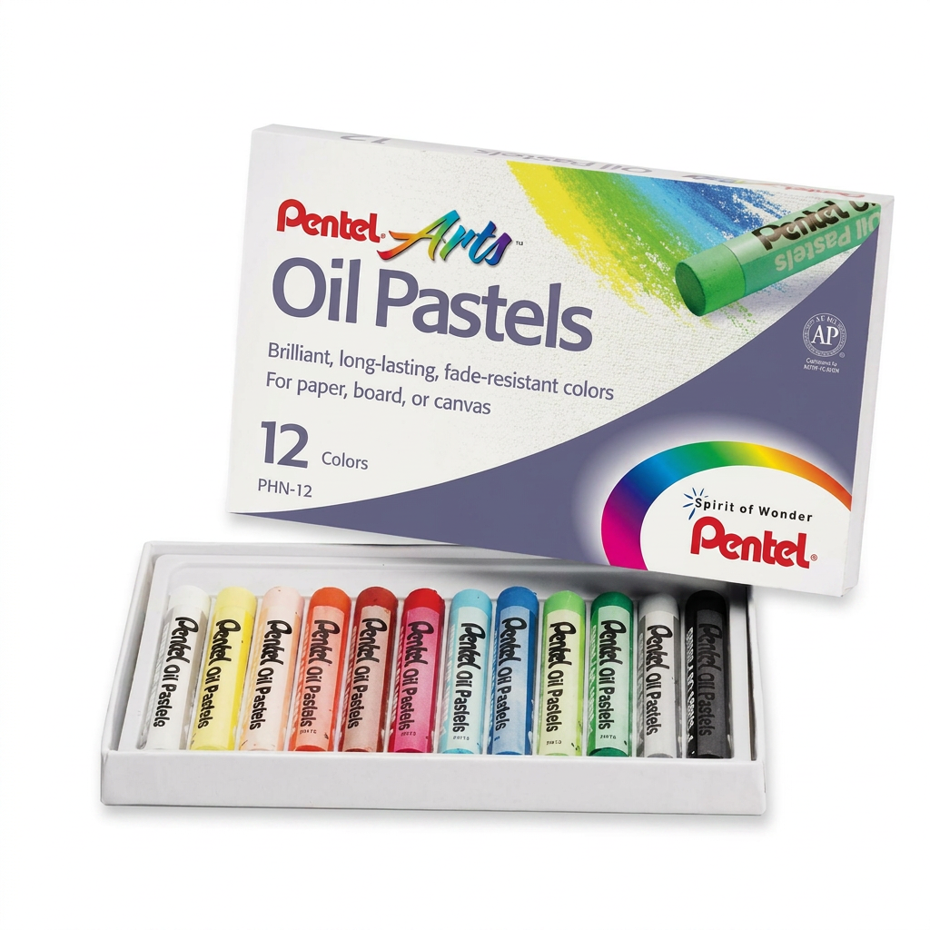 A photorealistic studio photograph shows the Pentel Arts Oil Pastels 12-color set, as seen in the reference image, angled to the right on a pure white background. The open white box lid is visible behind the white tray holding the twelve individually wrapped colorful oil pastels. Soft natural light casts a shadow to the left and below the product. The text on the box and pastels is clear.