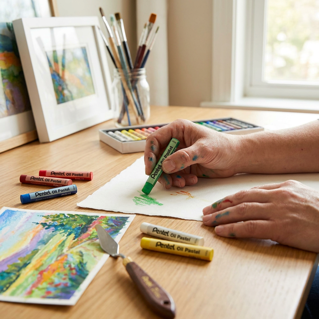 A person's hands covered in green pigment are shown drawing with the green Pentel oil pastel on a piece of paper, surrounded by other used pastels and art supplies on a wooden desk. The scene is in a sunlit art studio.
