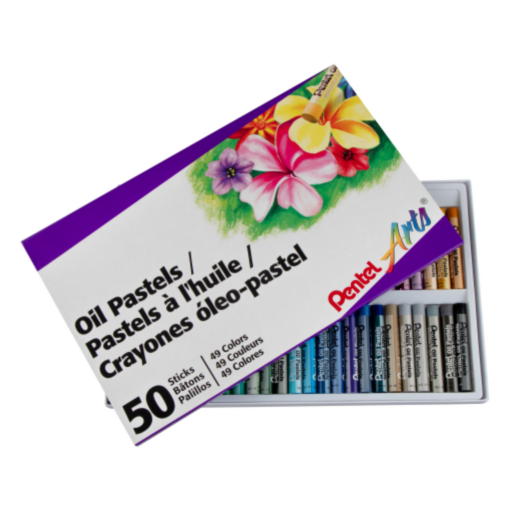 Pentel Arts 50-count Oil Pastels set in a white box with floral artwork on the cover.