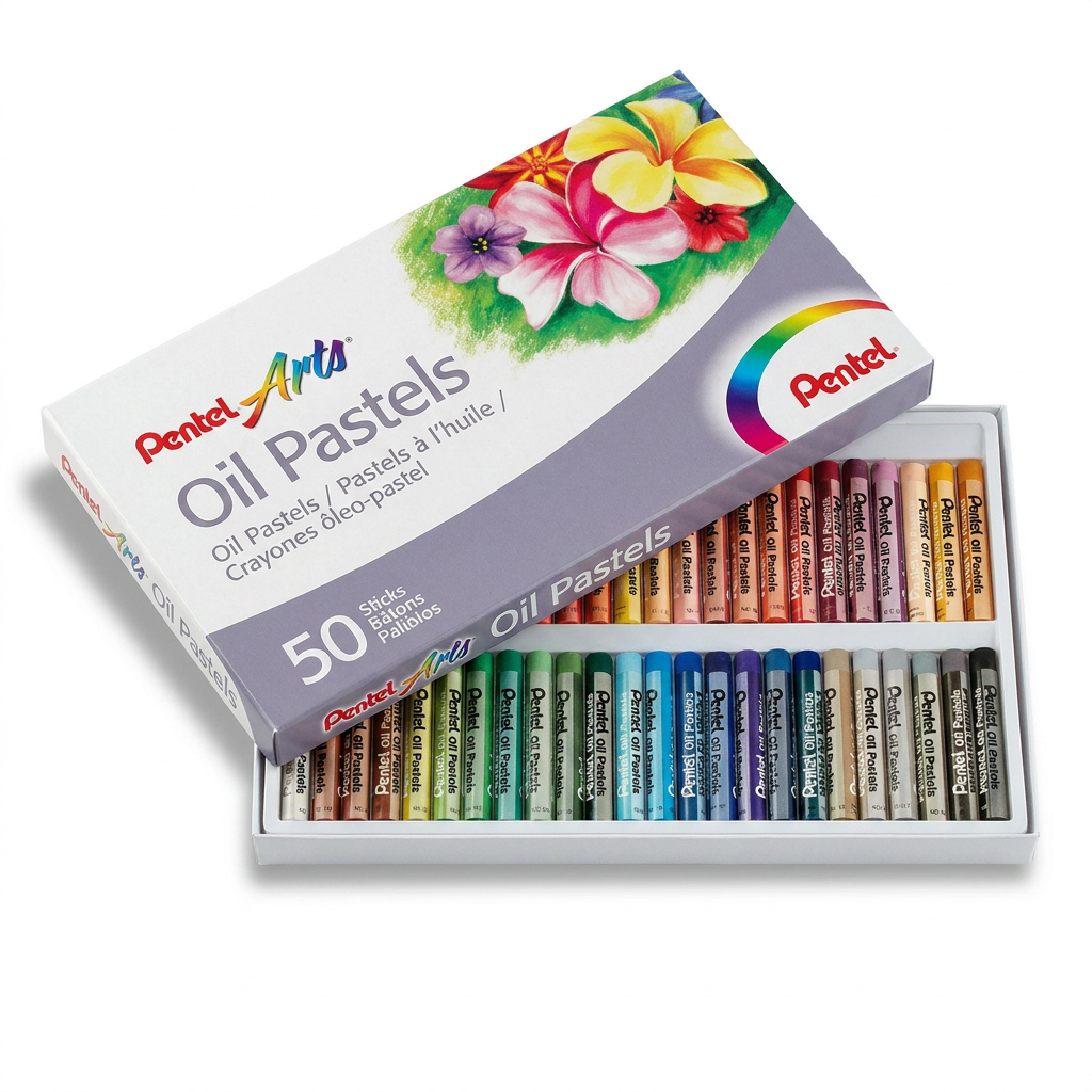 A studio photograph of an open Pentel Arts Oil Pastels 50-color set. The cardboard box with flower illustrations is angled to the left, showing two rows of colorful pastel sticks in a white tray.