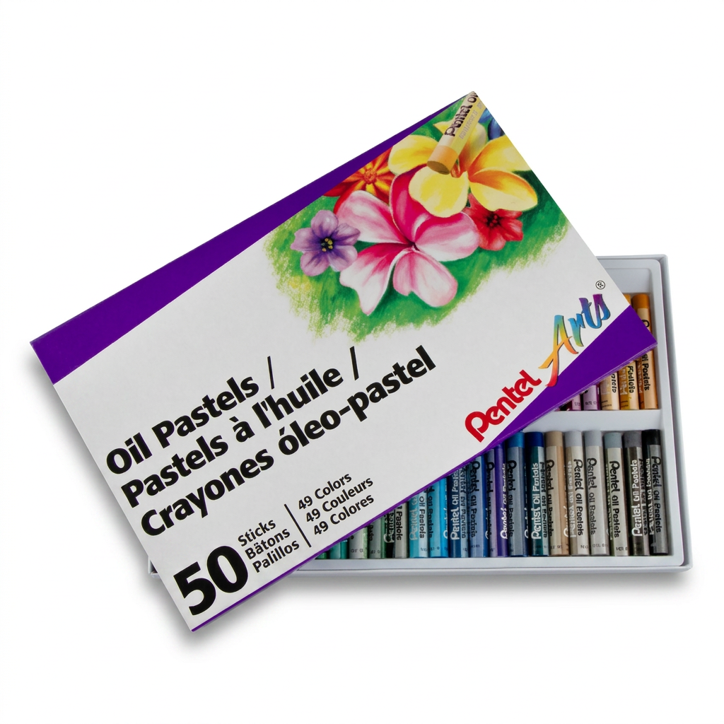 Photorealistic studio photograph of the open Pentel Arts Oil Pastels 50-color set, angled towards the right on a pure white background with a soft shadow.
