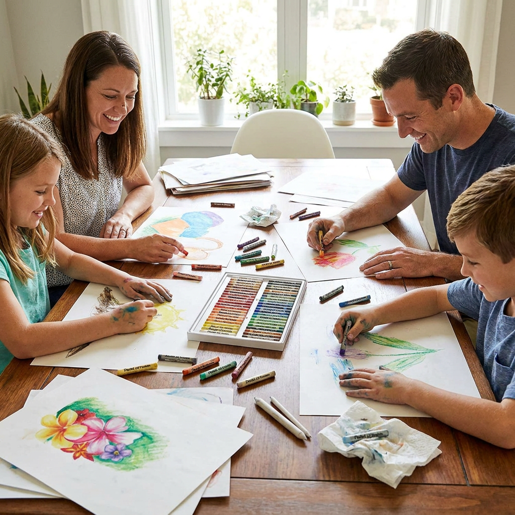 A family happily uses the 50-color Pentel Arts Oil Pastels to create drawings on a dining table.