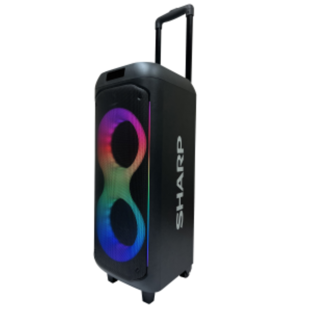 Sharp PS-935 portable Bluetooth karaoke speaker with colorful LED lights and extendable handle.