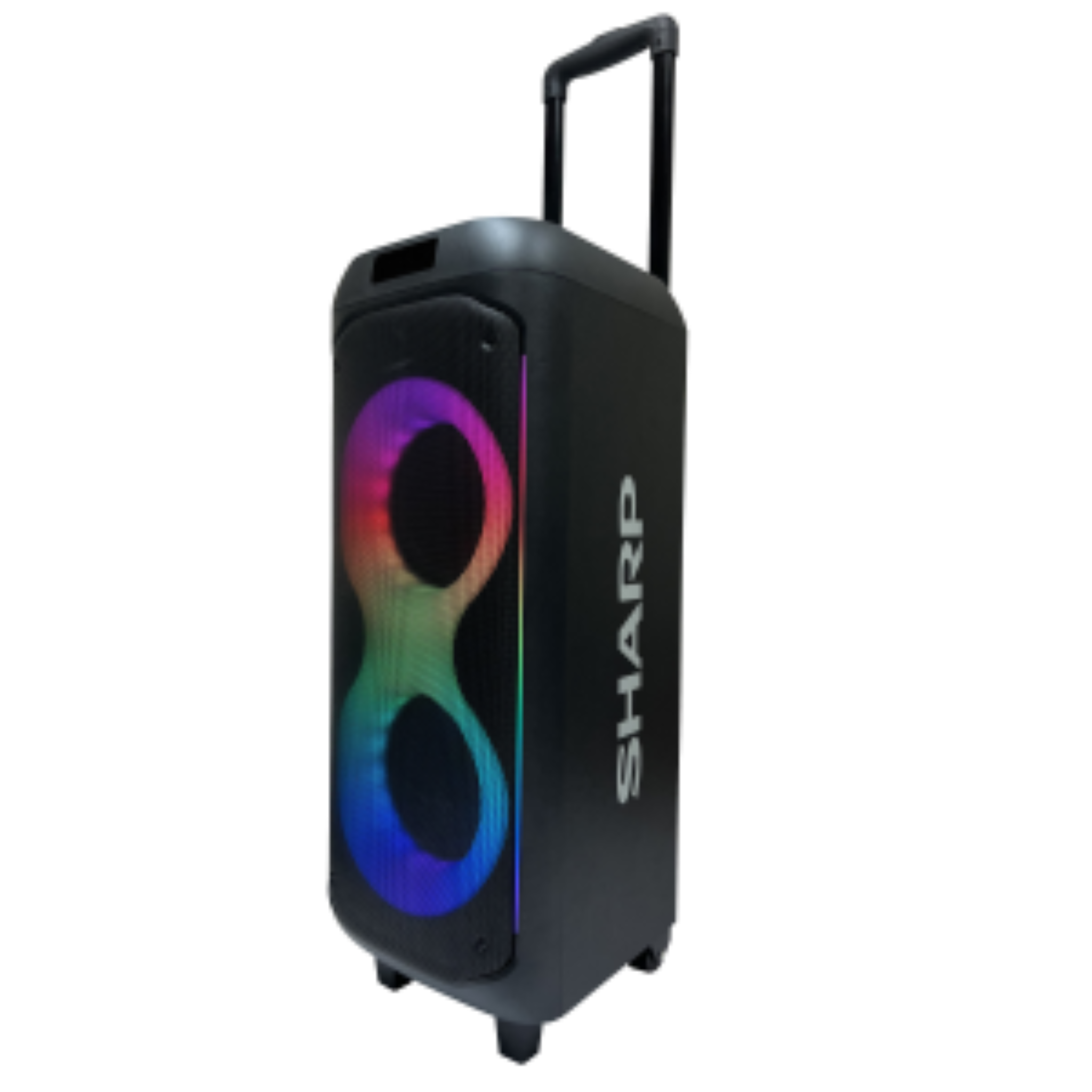 Sharp PS-935 portable Bluetooth karaoke speaker with colorful LED lights and extendable handle.