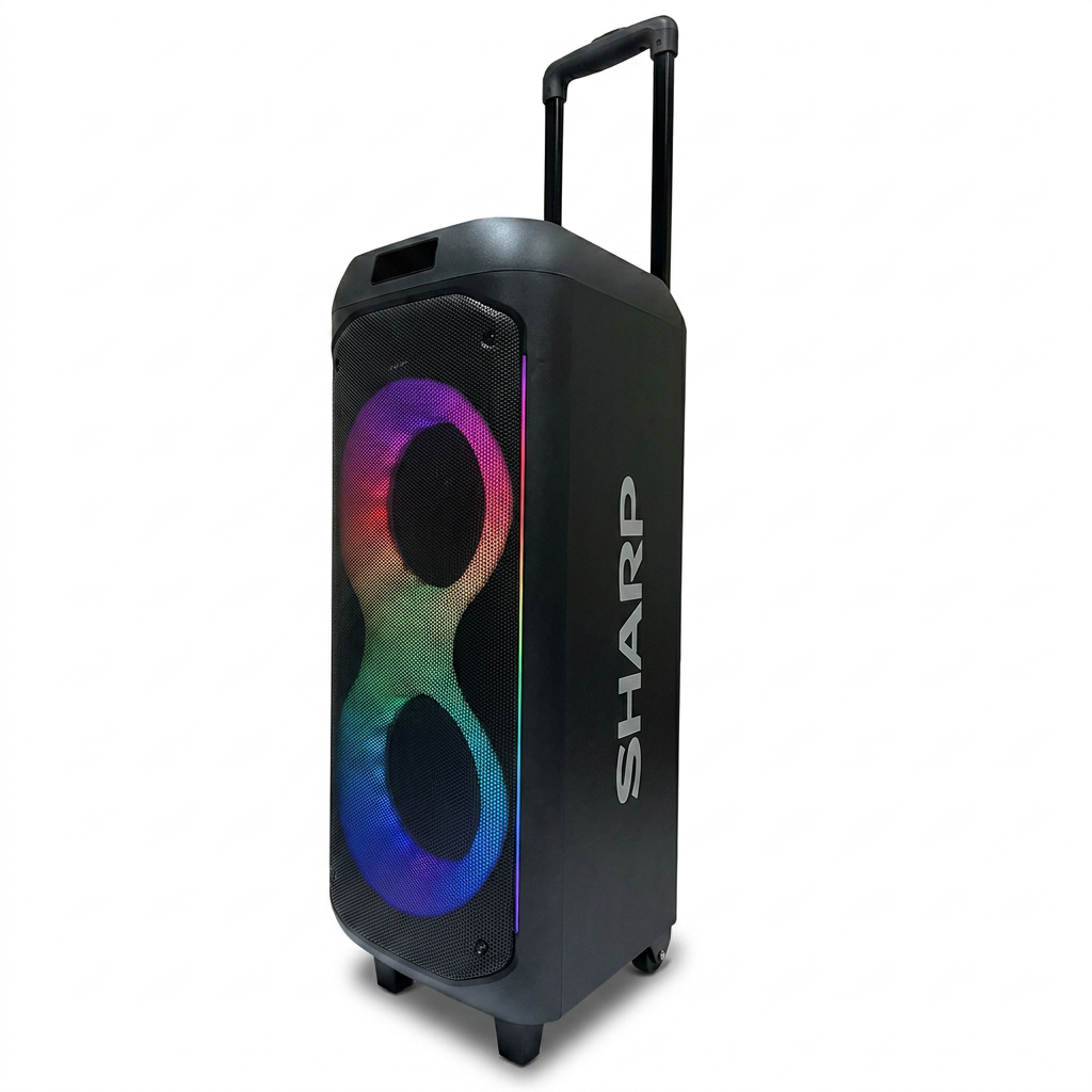 A photorealistic studio photograph of the black SHARP PS-935 party speaker with illuminated RGB-lit drivers and side branding, angled to the left on a seamless white background with a soft, natural shadow.