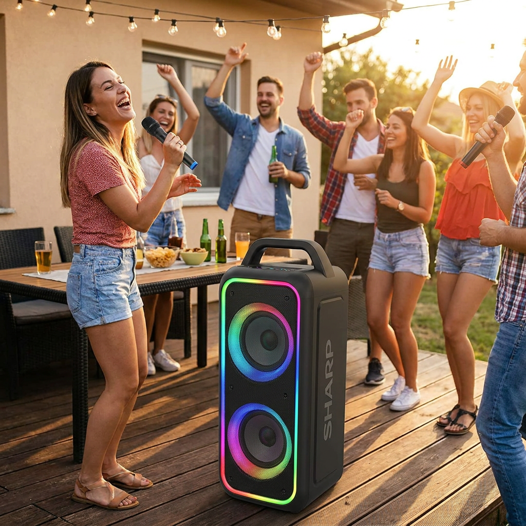 A group of people sing karaoke and dance around a SHARP PS-935 party speaker on a sunlit deck.