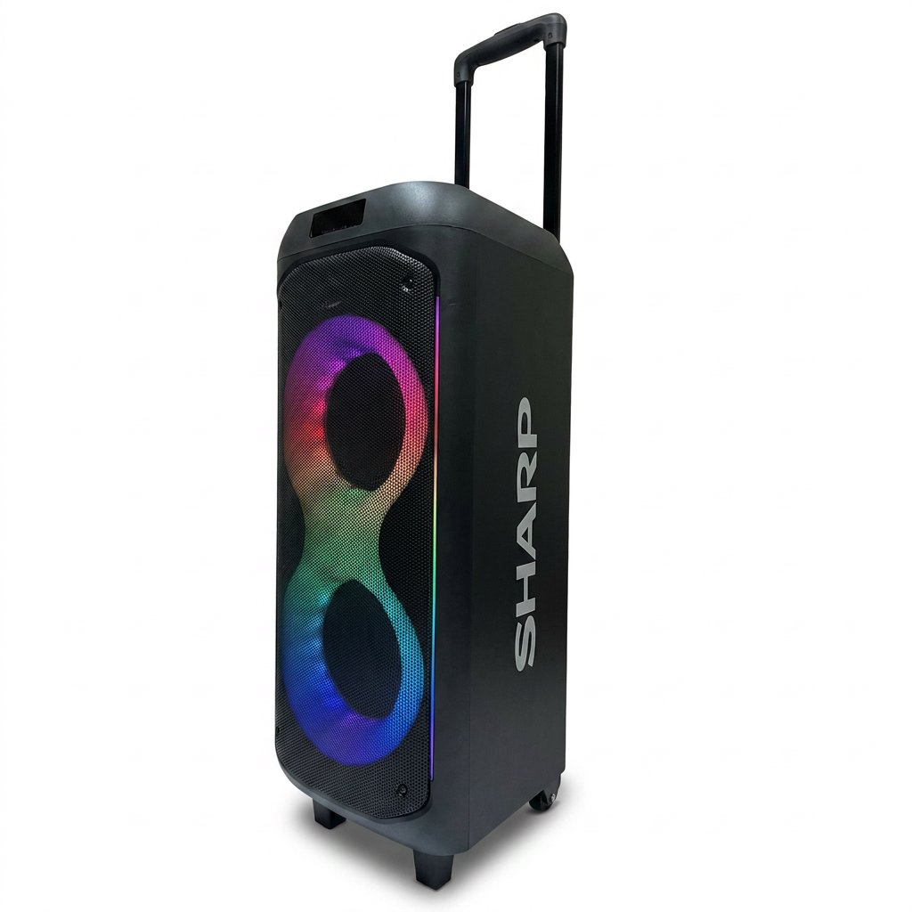 A photorealistic studio photo of the SHARP PS-935 party speaker on a pure white background, angled to show the right side and its logo.