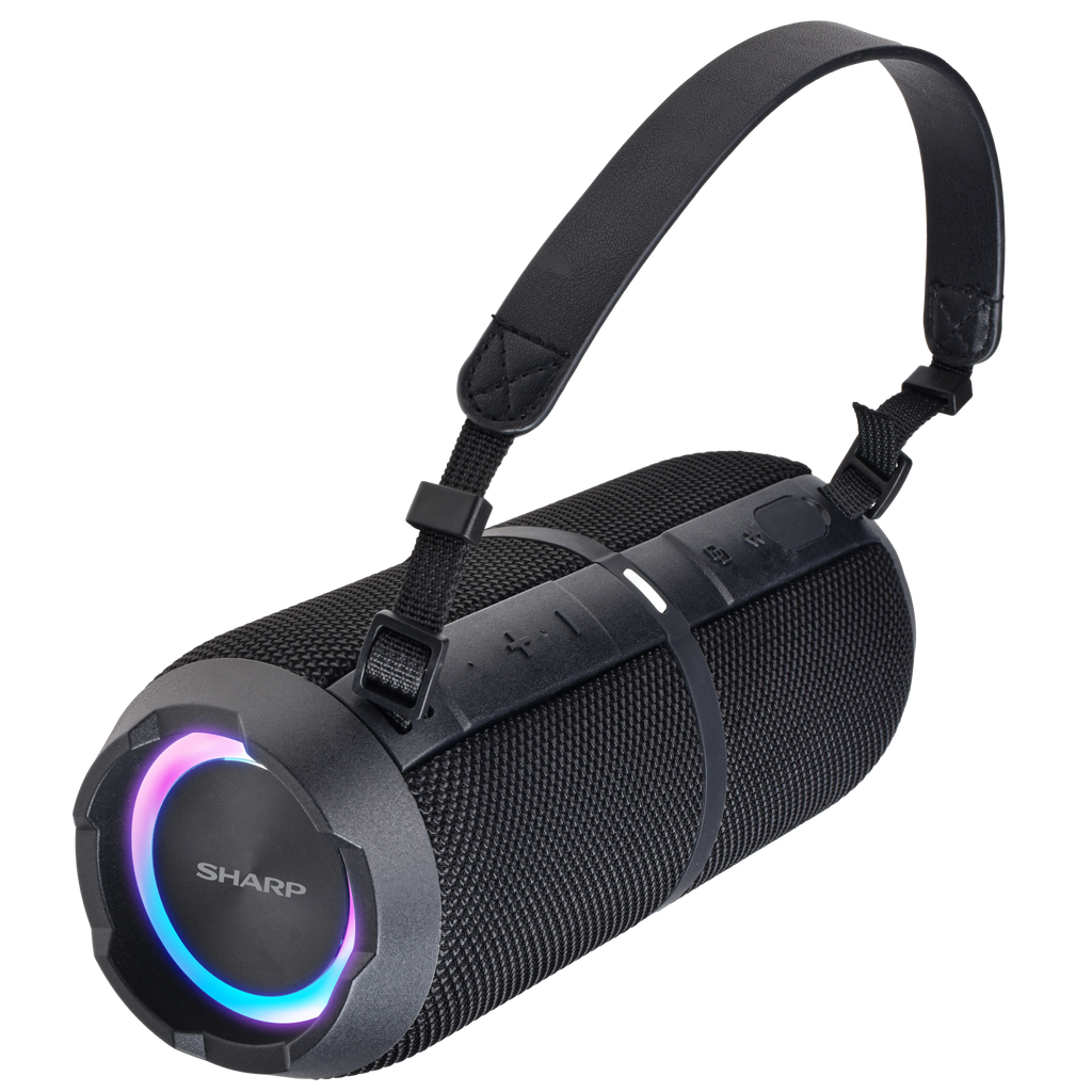 Sharp GX-BT390 rugged black waterproof Bluetooth speaker with carrying strap and LED light ring.