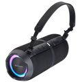 Sharp GX-BT390 rugged black waterproof Bluetooth speaker with carrying strap and LED light ring.