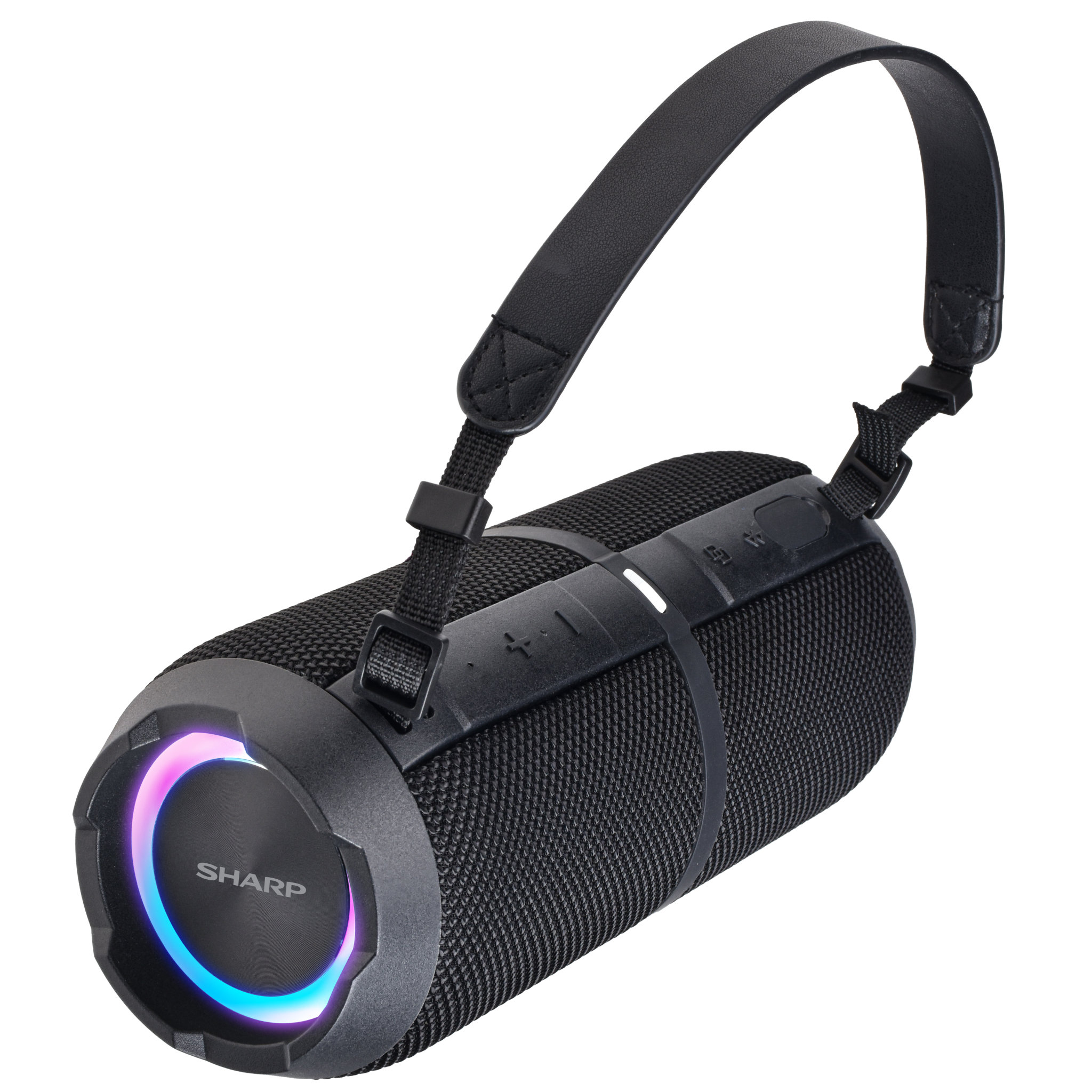 Sharp GX-BT390 rugged black waterproof Bluetooth speaker with carrying strap and LED light ring.