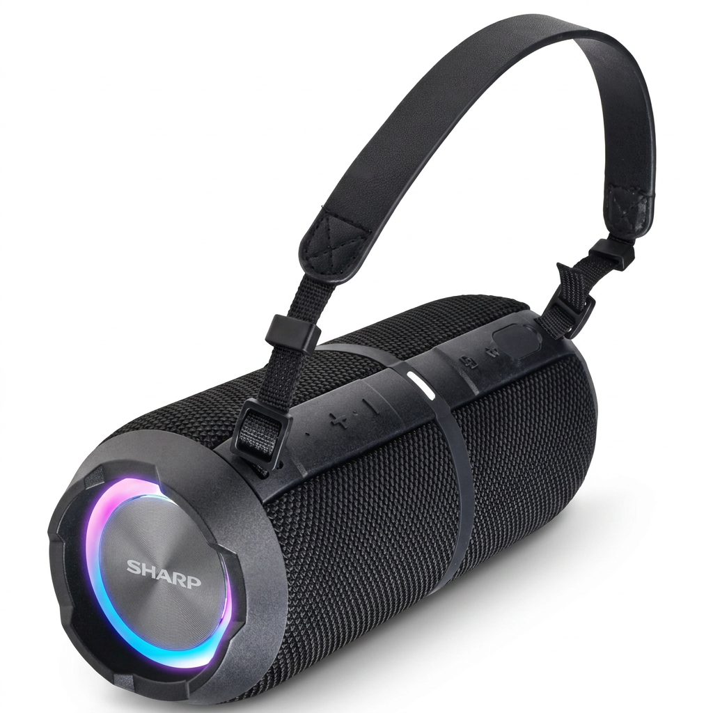 Photorealistic studio image of the black Sharp GX-BT390-BK waterproof Bluetooth speaker with its strap attached, angled from the left and centered on a pure white background with a soft shadow. The illuminated LED ring is blue/purple.