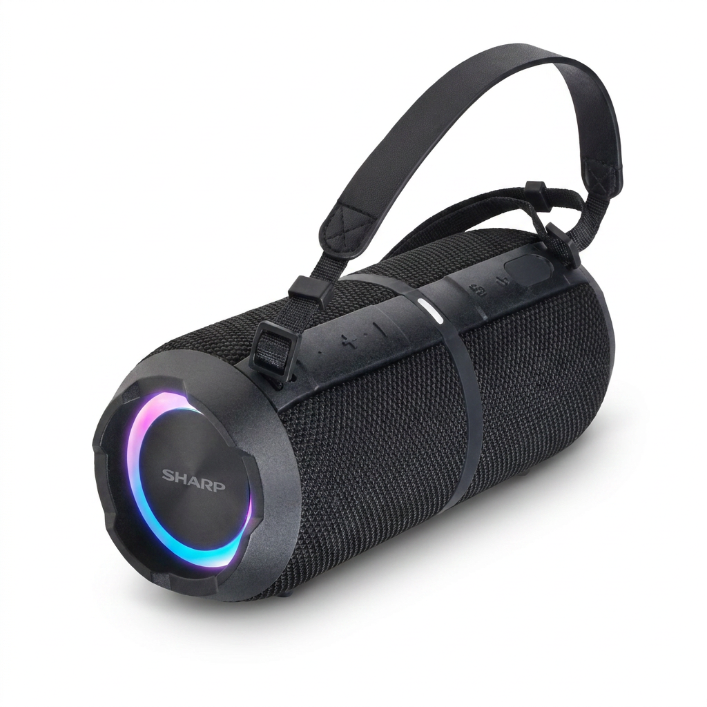 A studio photograph of the black Sharp GX-BT390 Bluetooth speaker with a carrying strap, angled to the right on a pure white background with a soft shadow.