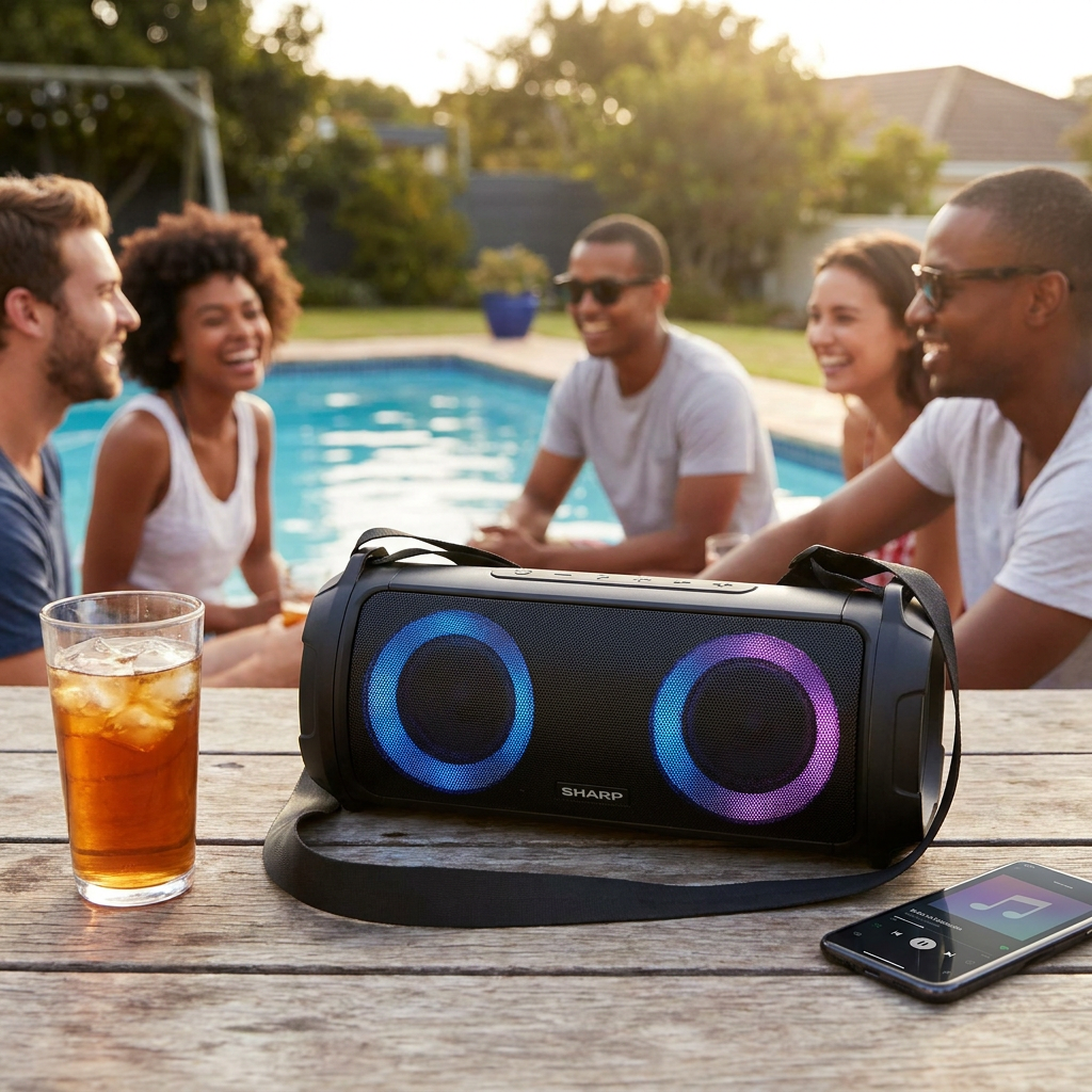 A group of five friends at a poolside gathering laughs while listening to music on the black Sharp GX-BT390 Bluetooth speaker with illuminated blue and purple LED rings, which rests on a wooden table.