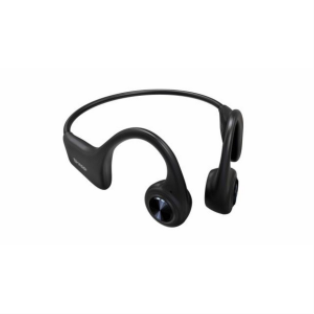 Black Sharp HP-BC55 bone conduction headphones with wrap-around neckband and IP66 waterproof rating.