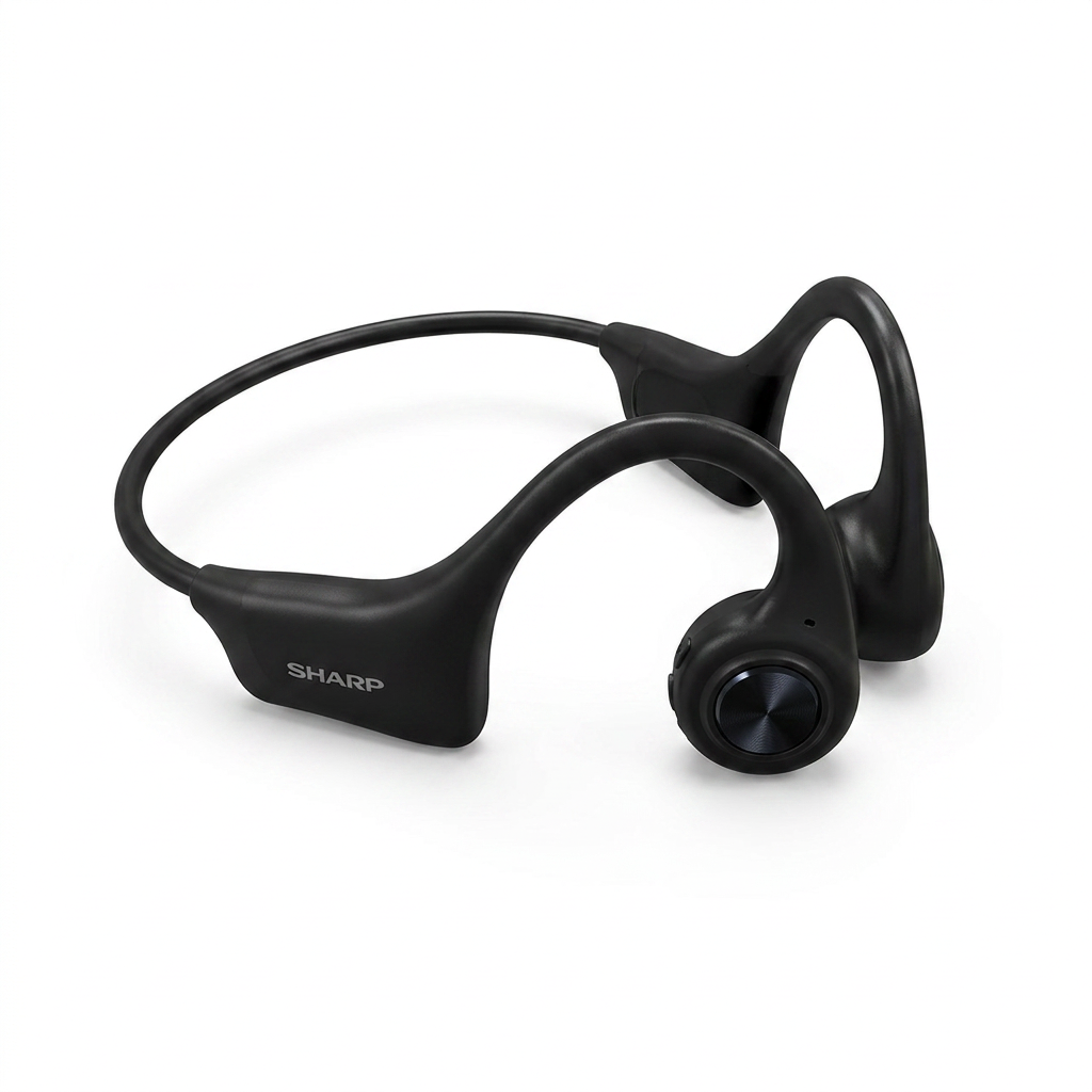 A photorealistic photo of the black SHARP HP-BC55 bone conduction headphones, angled to show the left side on a white background.