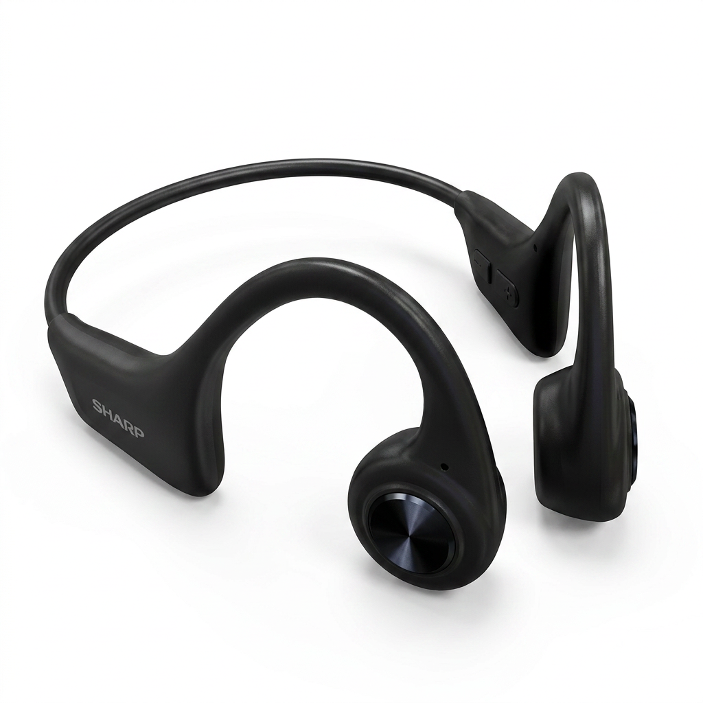 A studio product photograph of the black SHARP HP-BC55 bone conduction headphones, angled to show the right side and controls, on a pure white background with a soft natural shadow.
