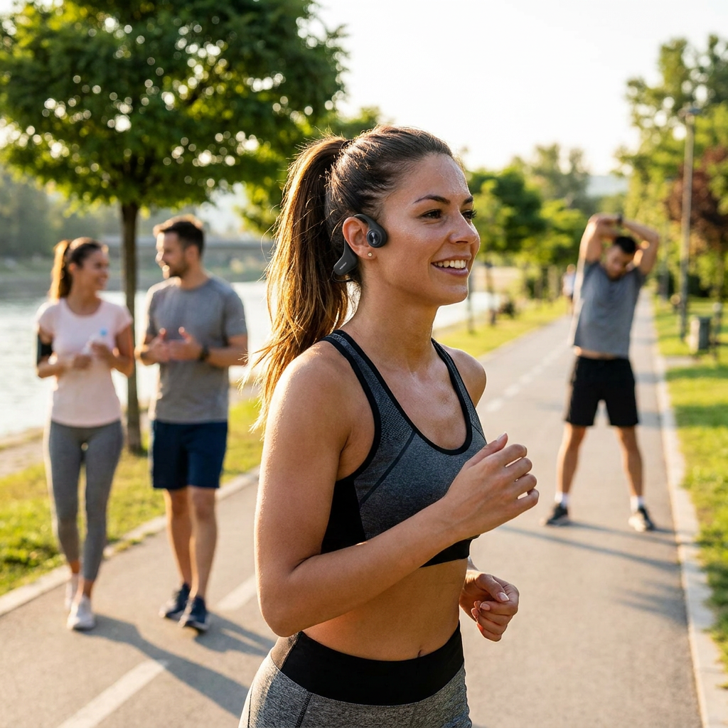 SUCCESS: A woman with the SHARP HP-BC55 bone conduction headphones runs on a sunny park path, smiling, with other people in the background.