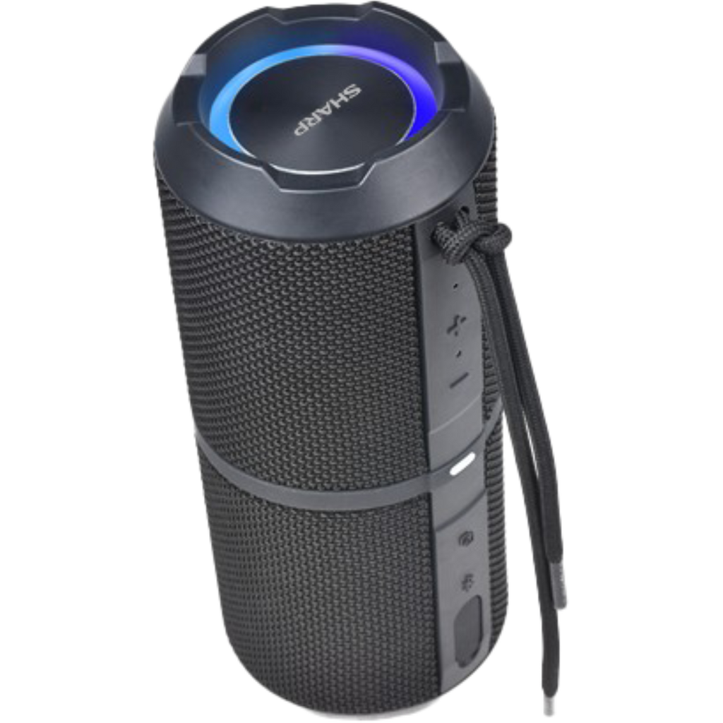 Black Sharp GX-BT290-BK waterproof portable Bluetooth speaker with blue LED ring and carry strap.