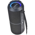 Black Sharp GX-BT290-BK waterproof portable Bluetooth speaker with blue LED ring and carry strap.