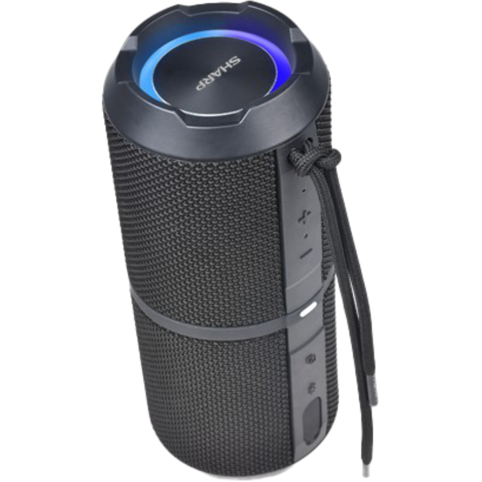 Black Sharp GX-BT290-BK waterproof portable Bluetooth speaker with blue LED ring and carry strap.
