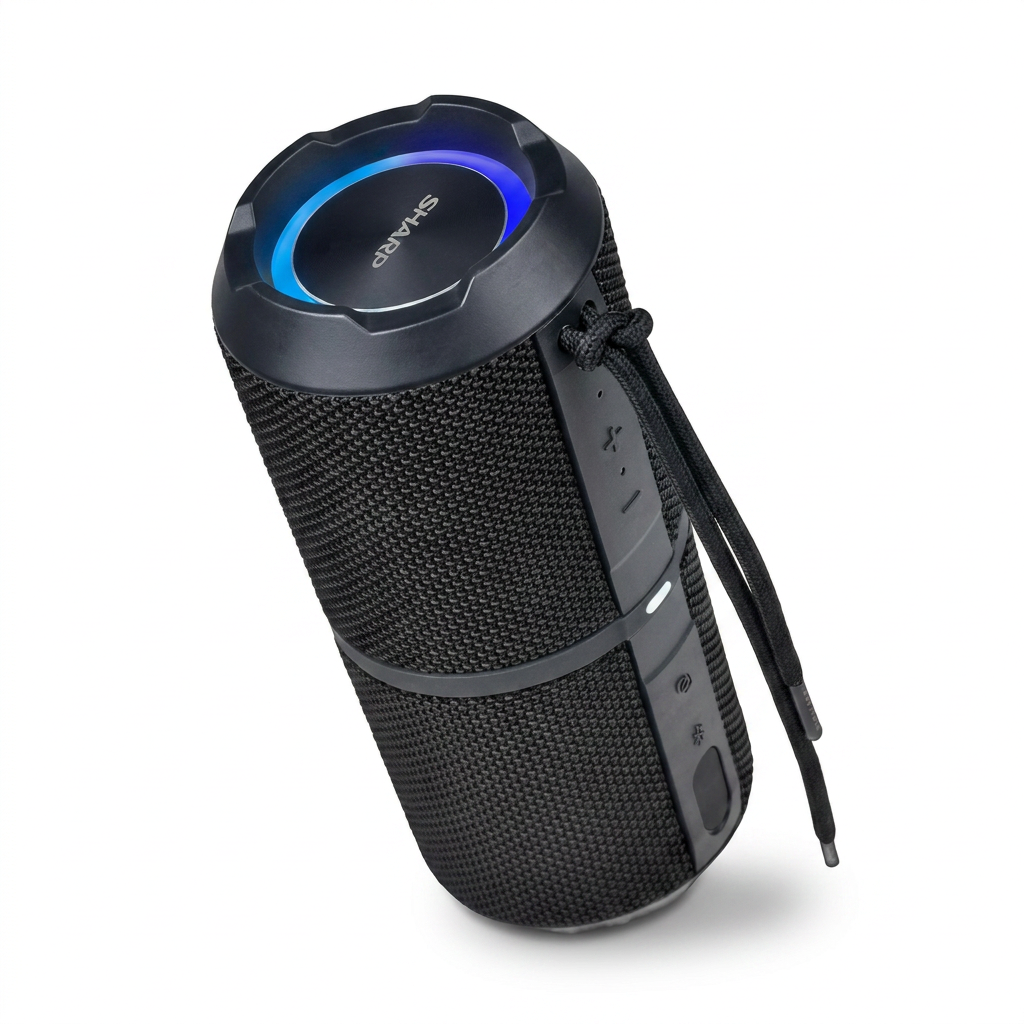 A photorealistic studio product photograph of the SHARP GX-BT290-BK Bluetooth speaker, angled left on a pure white background with a soft shadow.