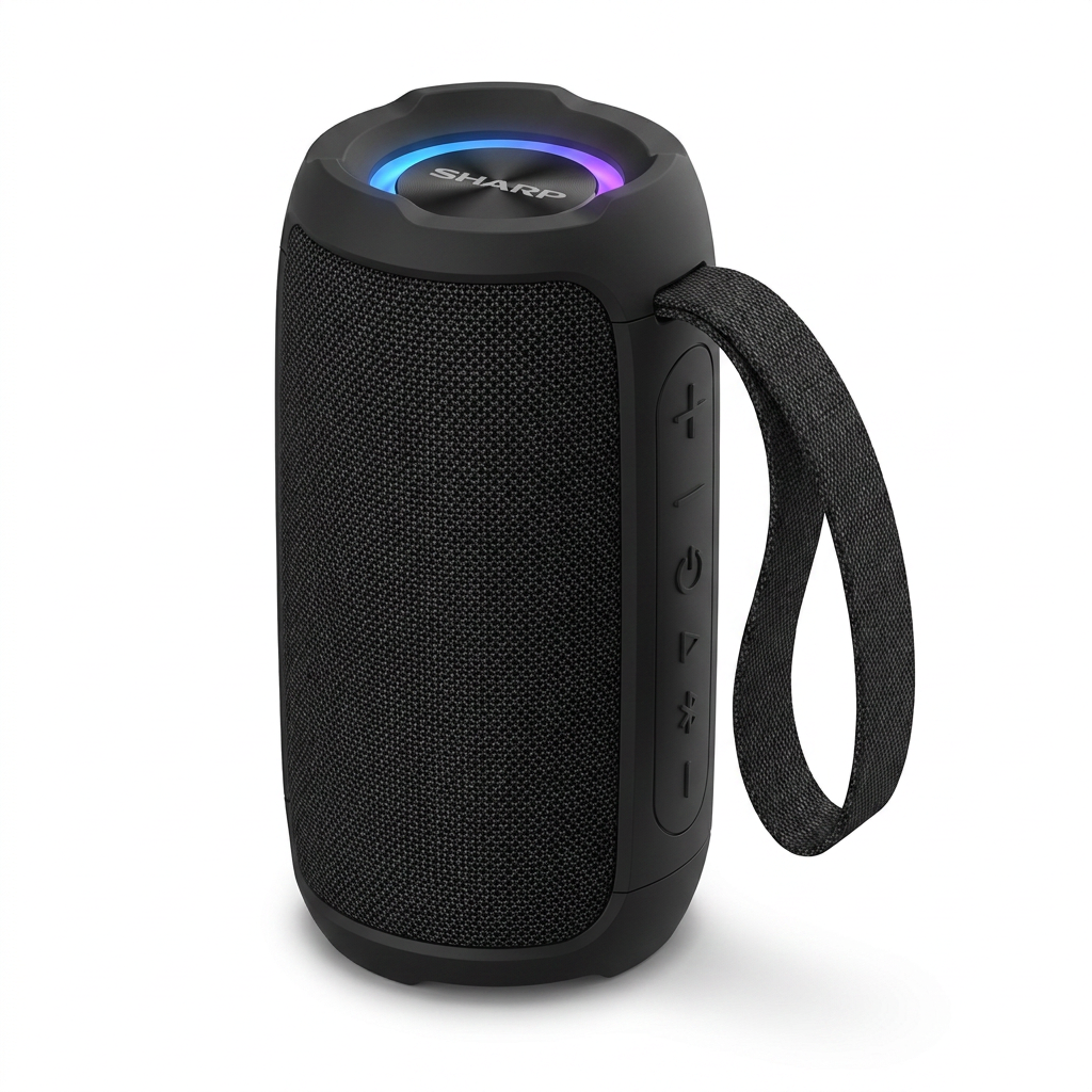 A photorealistic studio product photo of the black Sharp GX-BT290-BK Bluetooth speaker on a pure white background, angled to show the right side and controls with a soft shadow.