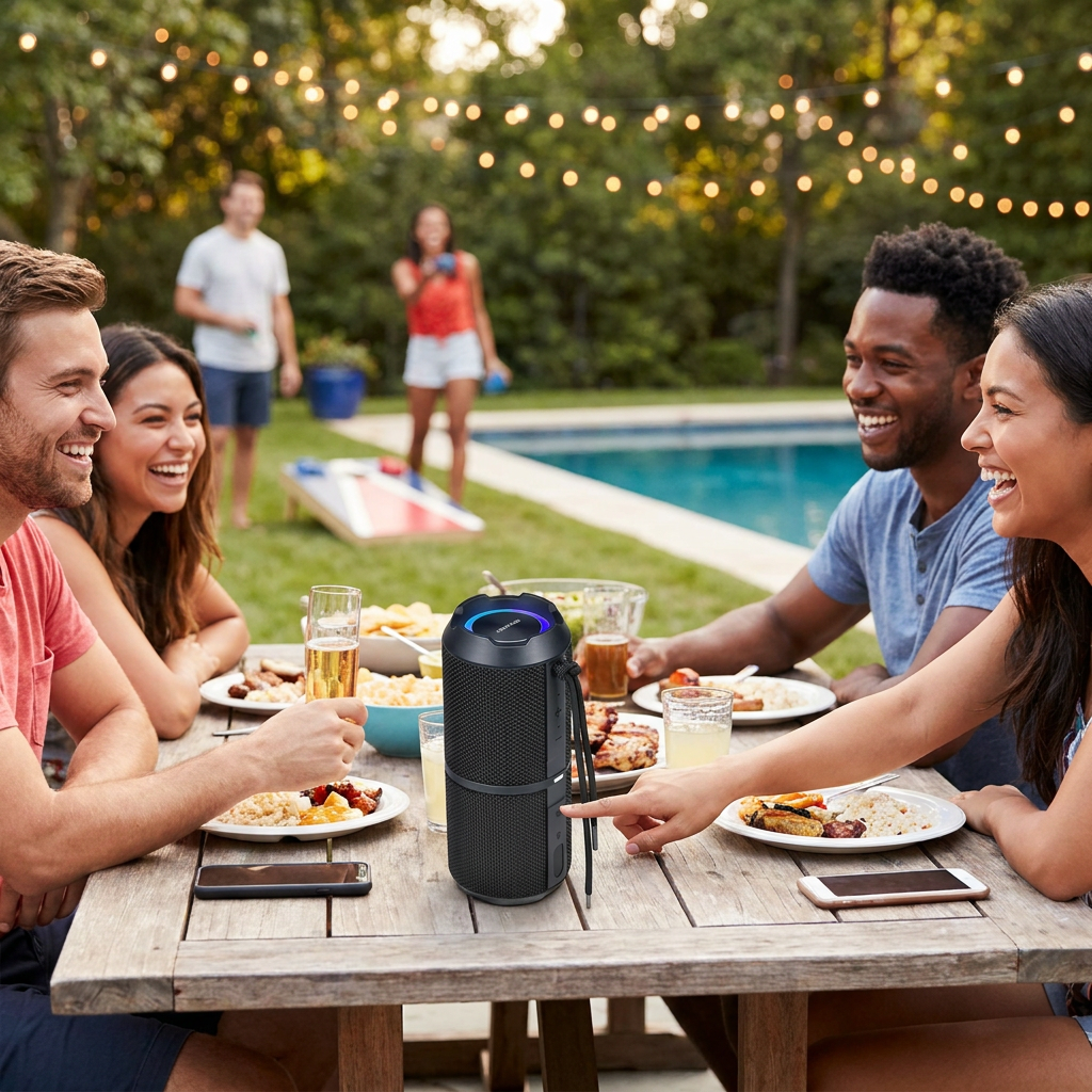 A photorealistic lifestyle image showing the SHARP GX-BT290-BK portable Bluetooth speaker on a wooden table during an outdoor party, with friends laughing nearby.