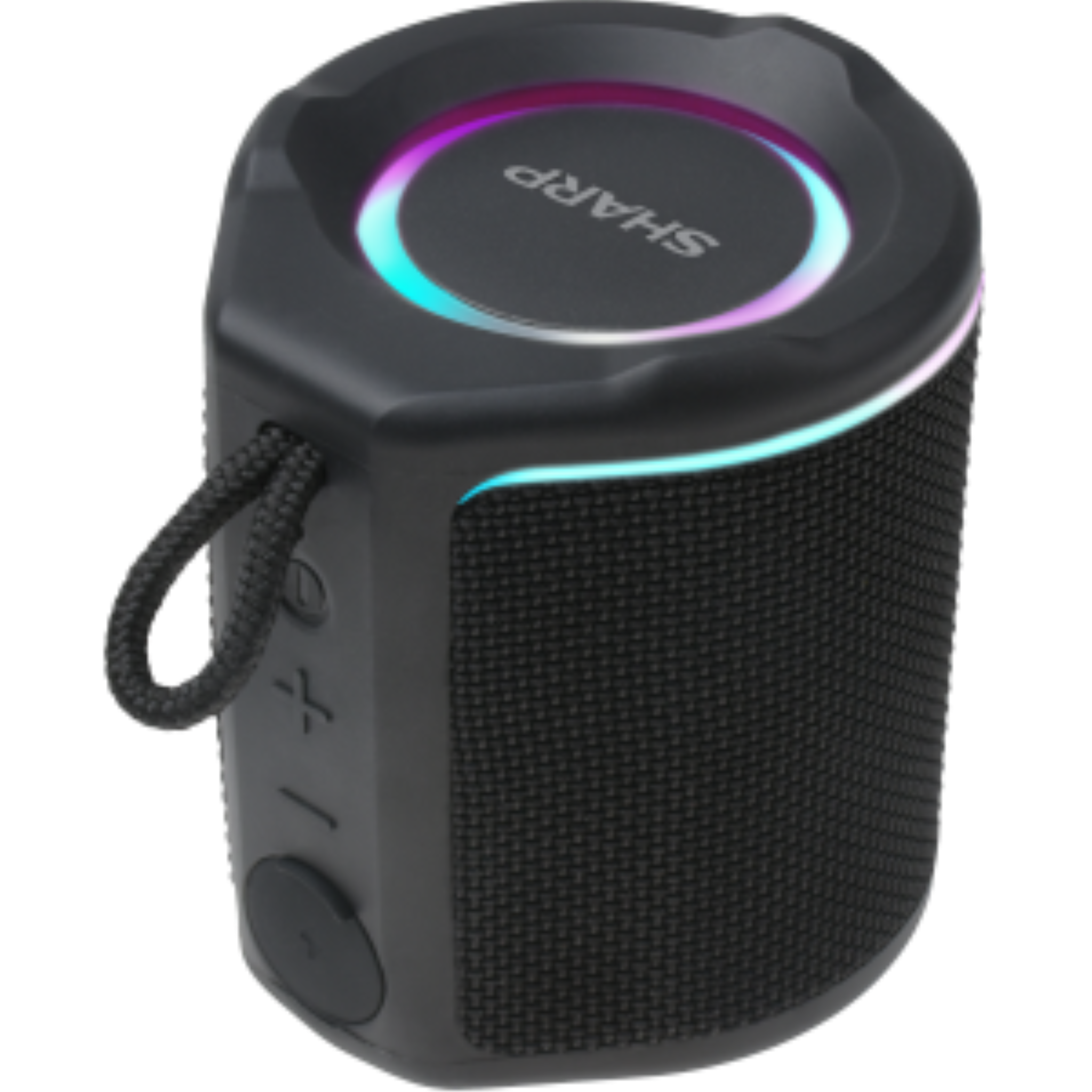 Sharp GX-BT190 black waterproof Bluetooth speaker with colorful LED ring and carrying loop.
