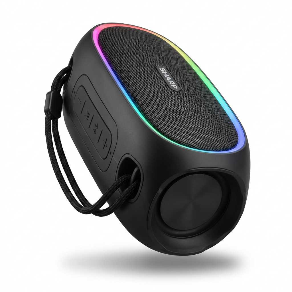 A photorealistic studio product shot of the Sharp GX-BT190-BK portable speaker in black with a multi-color LED ring, angled to show its left side and control buttons, isolated on a pure white background with a soft shadow.