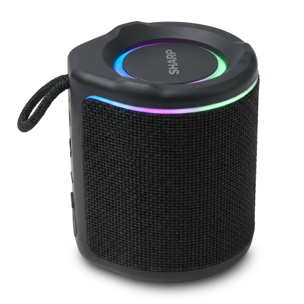 A photorealistic studio product photograph of the black SHARP GX-BT190-BK portable speaker with its LED ring light, angled to show the right side. It is centrally placed on a seamless white background with a soft natural shadow.