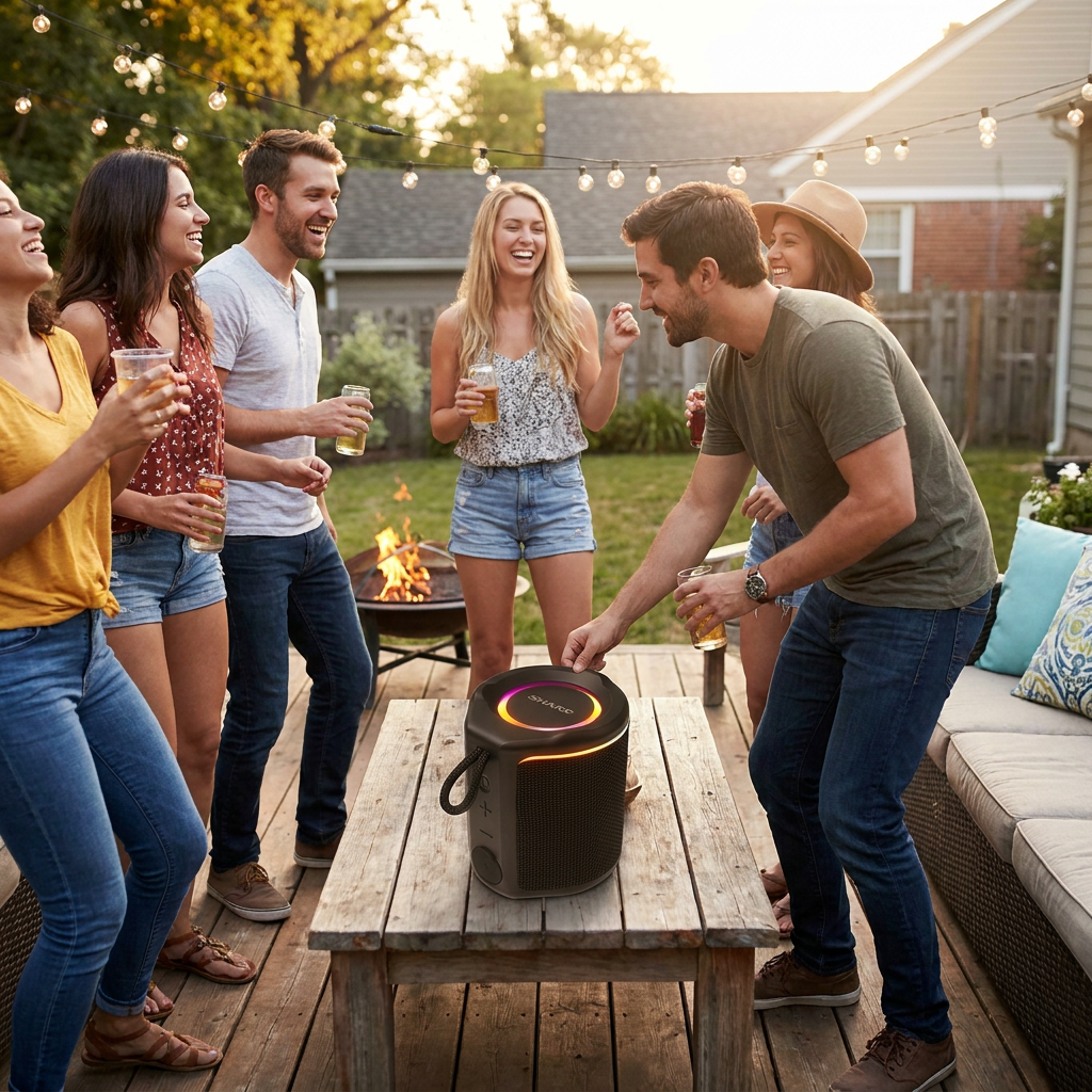 A group of friends gathered around a wooden table on a backyard deck during sunset, enjoying music from the SHARP GX-BT190-BK Ultra-Portable Bluetooth speaker with its multi-color LED light ring glowing.