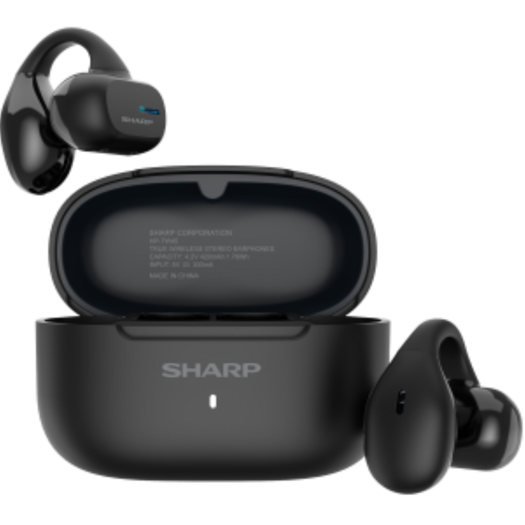Sharp HP-TW45-BK open-ear wireless earbuds in black with an open charging case.