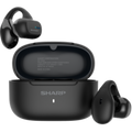 Sharp HP-TW45-BK open-ear wireless earbuds in black with an open charging case.