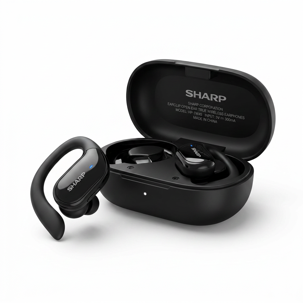 A photorealistic studio product image of the SHARP HP-TW45 earbuds and charging case on a pure white background. The black open-ear earbuds and case are angled to the left with a soft shadow.