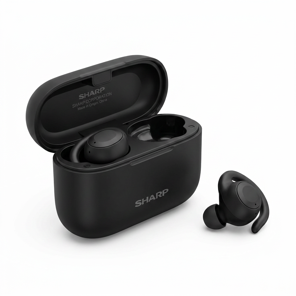 Photorealistic studio product photo of the black SHARP Canada Sharp HP-TW45-BK Earclip Open-Ear True Wireless Earbuds and charging case on a pure white background. The open case contains one earbud, with the other resting beside it, all angled to the right. The product features soft, natural shadows.