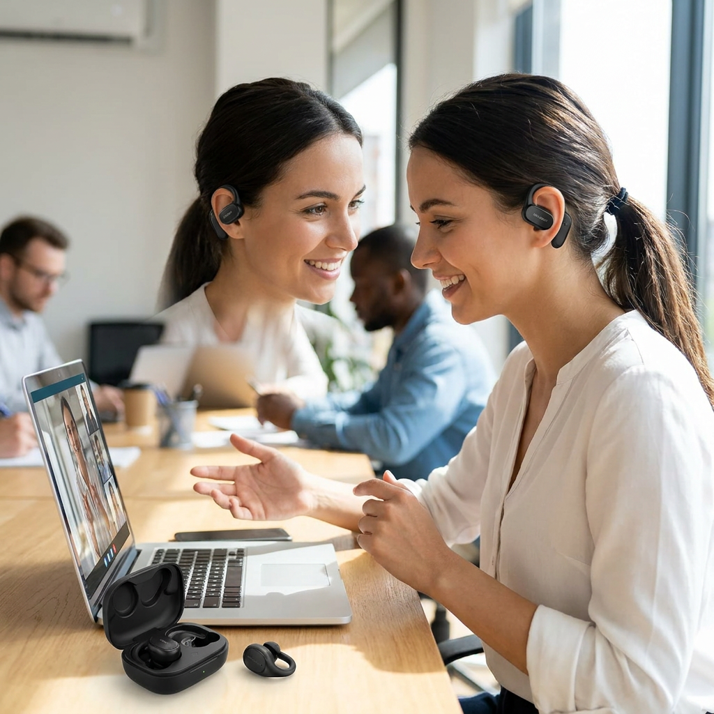 Two professionals wearing シャープ HP-TW45-BK earbuds while on a video call in a bright office. The charging case and one earbud are on the desk.
