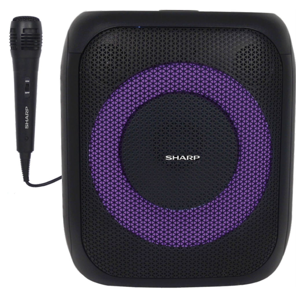 Sharp PS-914 party speaker with purple LED ring lighting and attached wired microphone.