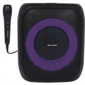 Sharp PS-914 party speaker with purple LED ring lighting and attached wired microphone.